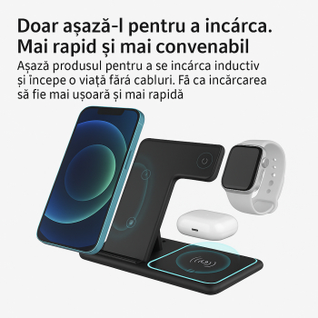 Incarcator Wireless 3 in 1 Incarcare Rapida 15W pentru iPhone Samsung Huawei Incarcare Apple Watch & AirPods - Negru 