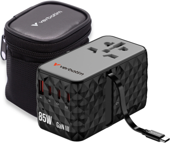 Adaptor calatorie universal Verbatim GaN III 85W cablu retractabil USB-C 4 x USB-C PD 3.0 & QC 4+ 1 x USB-A Negru 