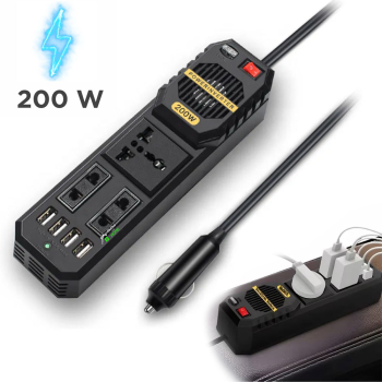 Invertor auto/Incarcator masina GlowforHome 200W 4 Porturi USB-A 2 Prize EU 230V Romania 3.1A Multiple Protectii Portabil Utilizat S 