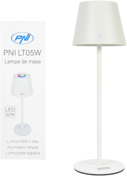 Lampa de masa PNI LT05W cu LED 3W acumulator 1800 mAh incarcare prin USB-C 200 lm lumina alba + RGB buton tactil dimabil Clasa energetica 