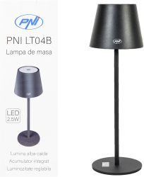 Lampa de masa PNI LT04B cu LED 2.5W acumulator 1200 mAh incarcare prin USB-C 150 lm lumina alba calda 3000K buton tactil dimabil Negru 