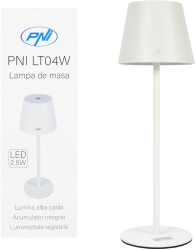 Lampa de masa PNI LT04W cu LED 2.5W acumulator 1200 mAh incarcare prin USB-C 150 lm lumina alba calda 3000K buton tactil dimabil Alb Clasa 