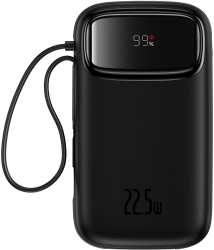 Acumulator extern Baseus Qpow2 10.000 mAh cablu dual USB-C si Lightning incorporat Incarcare rapida 22.5W Digital Display Negru 