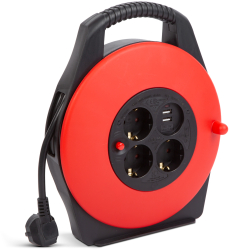Rola Cablu Prelungitor Lungime 10m 3 Fire de 1.5 mm 3 Prize si 2 Porturi USB Culoare Rosu/Negru 