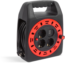Rola Cablu Prelungitor Lungime 15m 3 Fire de 1.5 mm 3 Prize si 2 Porturi USB Culoare Negru/Rosu 