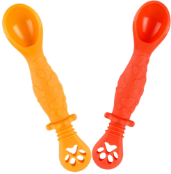 Set 2 Pre Lingurite Bebelusi pentru Hranire si Diversificare la Bebe de 4-24 luni   din Silicon 2 capete Aurie si Portocalie 