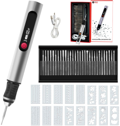 Aparat Multifunctional pentru Gravura si Sculptura 3 Viteze 30 Biti 16 Sabloane Gravare pe Metal Sticla Piatra Lemn Reincarcabil USB 