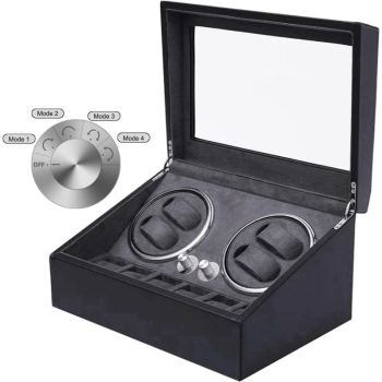 Cutie intors ceasuri iUni 4 Programe Watch Winder 4 + 6 spatii depozitare Piele ecologica Black 