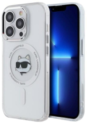 Husa pentru iPhone 13 Pro - Karl Lagerfeld IML MagSafe KLHMP13LHLSCHH - White Metal Choupettes Head 