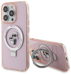 Husa pentru iPhone 15 Pro Max - Karl Lagerfeld Hardcase Ring Stand MagSafe KLHMP15XHMRSKCP - Pink Karl&Choupette 