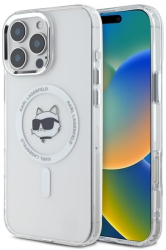 Husa pentru iPhone 16 Pro Max - Karl Lagerfeld IML MagSafe KLHMP16XHLSCHH - White Metal Choupettes Head 