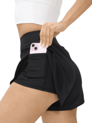 Pantaloni scurti dubli sport dama 2 in 1 cu buzunar interior si talie inalta Negru - XS 