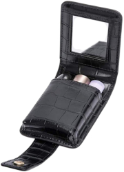 Portfard compact din piele pentru rujuri cu oglinda si inchidere cu capsa elegant si practic - Negru 