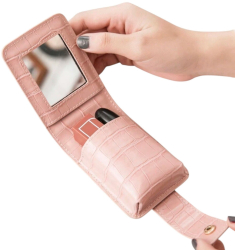Portfard compact din piele pentru rujuri cu oglinda si inchidere cu capsa elegant si practic - Roz 
