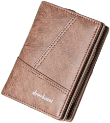 Portofel din piele pentru barbati Dublu Bifold cu fermuar Cusaturi decorative - Maro 