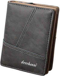 Portofel din piele pentru barbati Dublu Bifold cu fermuar Cusaturi decorative - Negru 