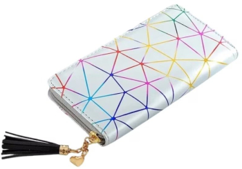 Portofel lung pentru femei piele PU design minimalist cu model geometric si fermoar - Argintiu Multicolor 