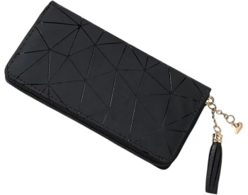 Portofel lung pentru femei piele PU design minimalist cu model geometric si fermoar - Negru 