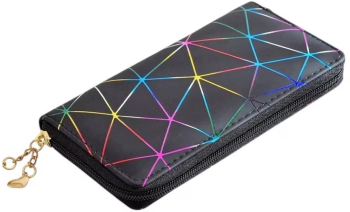 Portofel lung pentru femei piele PU design minimalist cu model geometric si fermoar - Negru Multicolor 