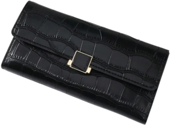 Portofel lung trifold pentru femei design crocodil in relief piele PU - Negru