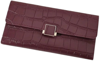 Portofel lung trifold pentru femei design crocodil in relief piele PU - Rosu 