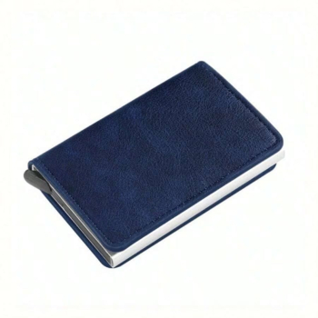 Portofel Premium pentru carduri Trifold din aliaj de aluminiu si piele PU cu blocare RFID - Albastru 