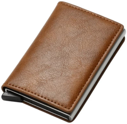 Portofel Premium pentru carduri Trifold din aliaj de aluminiu si piele PU cu blocare RFID - Maro 