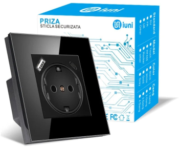 Priza rama sticla securizata porturi USB-A si USB-C iUni UC1 16A Black 