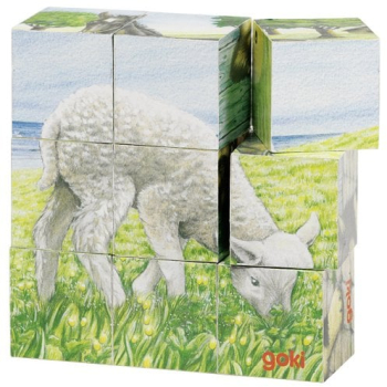 Puzzle de lemn tip cuburi copii 3 ani+ 6 modele cu animale Goki - Joc de indemanare 