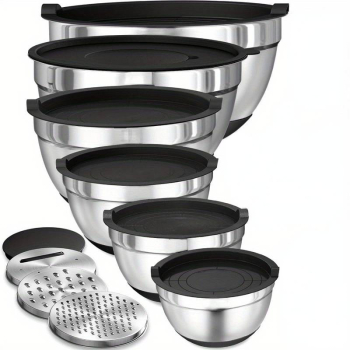 Set 6 Boluri Inox cu Capace Baza Silicon Antiderapanta Depozitare Inteligenta Inchidere Ermetica 3 Razatori 