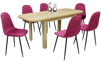 Set masa extensibila cu 6 scaune bucatarie. Roma Stejar and Rya Bordo material textil 