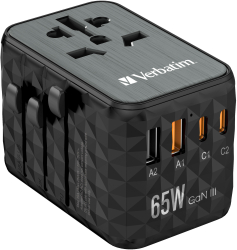 Adaptor calatorie universal Verbatim 32120 GaN III UTA-05 65W 2 x USB-C PD QC 4+ 2 x USB-A Negru 