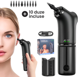 Aparat portabil pentru curatat urechile GlowforHome Indeparteaza eficient ceara din ureche 4 moduri de curatare Kit 10 duze de scos ceru 