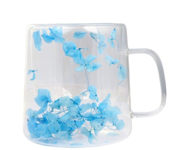 Cana cu flori albastre uscate pereti dubli sticla borosilicata 300 ml 