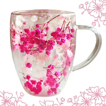 Cana cu flori uscate gypsophila roz pereti dubli sticla borosilicata 300 ml SZK149 