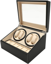 Cutie intors ceasuri iUni Watch Winder 4 + 6 spatii depozitare Piele ecologica Negru-Crem 