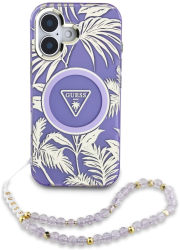 Husa pentru iPhone 16 - Guess IML Palm Trees Triangle with Pearl Strap MagSafe GUHMP16SHPCTPLSU - Purple 