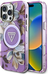 Husa pentru iPhone 16 Pro - Guess IML Metal Glitter Flowers Triangle MagSafe GUHMP16LHFLPEDU - Purple