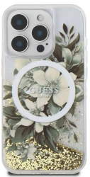 Husa pentru iPhone 16 Pro - Guess Liquid Glitter Flower MagSafe GUHMP16LLFMWTE - Beige 