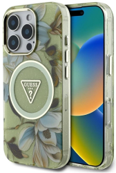 Husa pentru iPhone 16 Pro Max - Guess IML Metal Glitter Flowers Triangle MagSafe GUHMP16XHFLPEDN - Green 