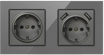 Priza Dubla De Perete Cu 2 Porturi USB Si Panou Din Sticla Techstar® TS-G 110-250V 16A Ignifuga 80x151mm Gri 
