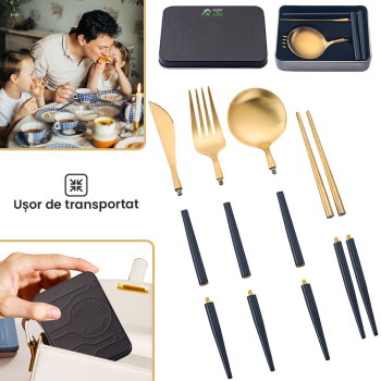 Set tacamuri portugheze pliabile 5 in 1 GlowforHome lingura cutit furculita betisoare otel inoxidabil cutie compacta pentru calatorii 