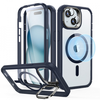 Husa pentru iPhone 15 Plus + Folie - ESR Armor Tough Kickstand HaloLock - Clear Dark Blue 