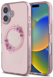 Husa pentru iPhone 16 - Guess IML Flowers Wreath MagSafe GUHMP16SHFWFCP - Pink 