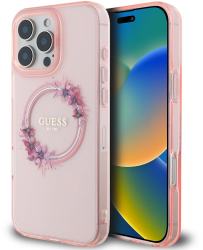 Husa pentru iPhone 16 Pro - Guess IML Flowers Wreath MagSafe GUHMP16LHFWFCP - Pink 