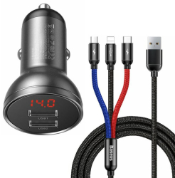 Incarcator Auto 2xUSB + Cablu 3in1 - Baseus Digital Display TZCCBX-0G - Black 