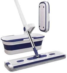 Mop Plat Flippy cu Galeata Pliabila 2 Rezerve din Microfibra 127 cm Tija Telescopica Utilizare Umeda/Uscata Recipient Lichid Albastru 