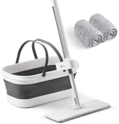 Mop Plat Flippy cu Galeata Pliabila 2 Rezerve din Microfibra 127 cm Tija Telescopica Utilizare Umeda/Uscata Recipient Lichid Gri 