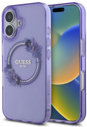 Husa pentru iPhone 16 - Guess IML Flowers Wreath MagSafe GUHMP16SHFWFCU - Purple 