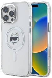 Husa pentru iPhone 16 Pro - Karl Lagerfeld IML MagSafe KLHMP16LHLSCHH - White Metal Choupettes Head 